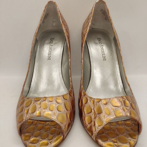 Enzo Angiolini Maylie. Gold Embossed Faux Croc Open Toe Pump. 3.5" Heel Size 7M. - Picture 3 of 7